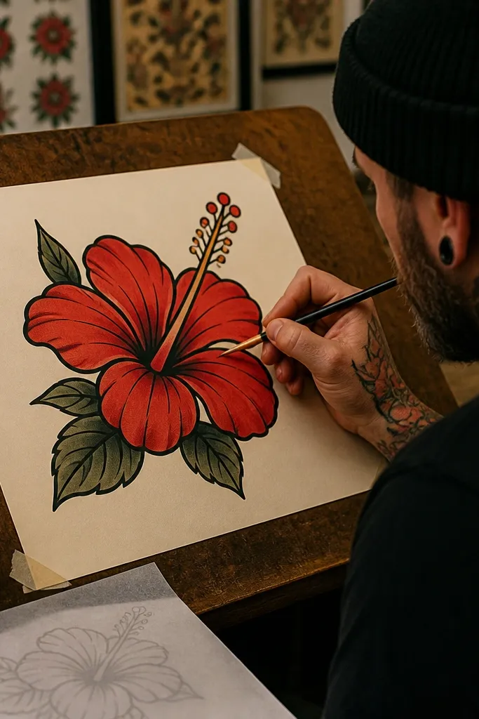 Tattoo-style red hibiscus flash with bold outlines and limited red shading
