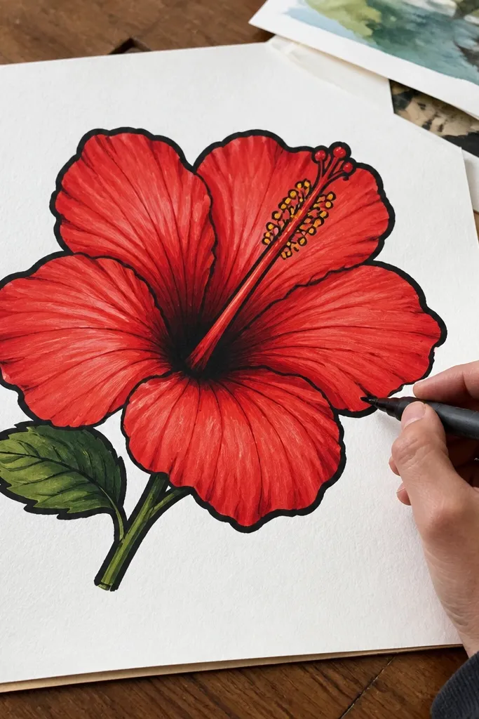 Red hibiscus drawn with thick marker outlines and a softer red interior