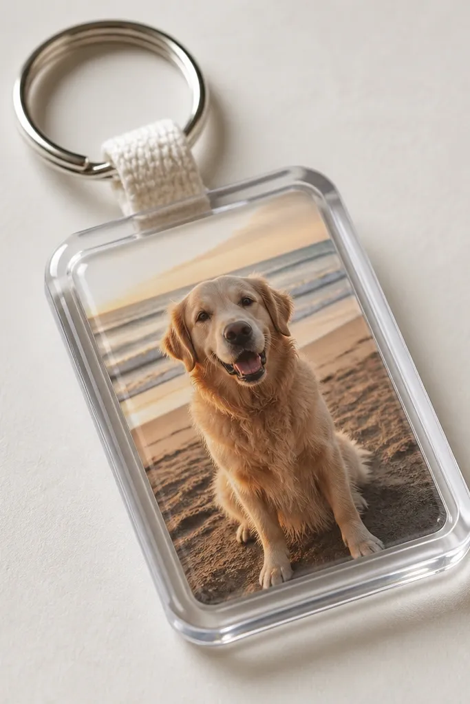 A close-up keychain made from a clear resin or hard plastic photo insert. The photo sits inside a rounded rectangle frame with a visible crisp border; the photo looks like it has depth. A small metal split ring and a short fabric tab hang from the top. The background is a simple neutral surface, and the keychain catches light along the clear edges.