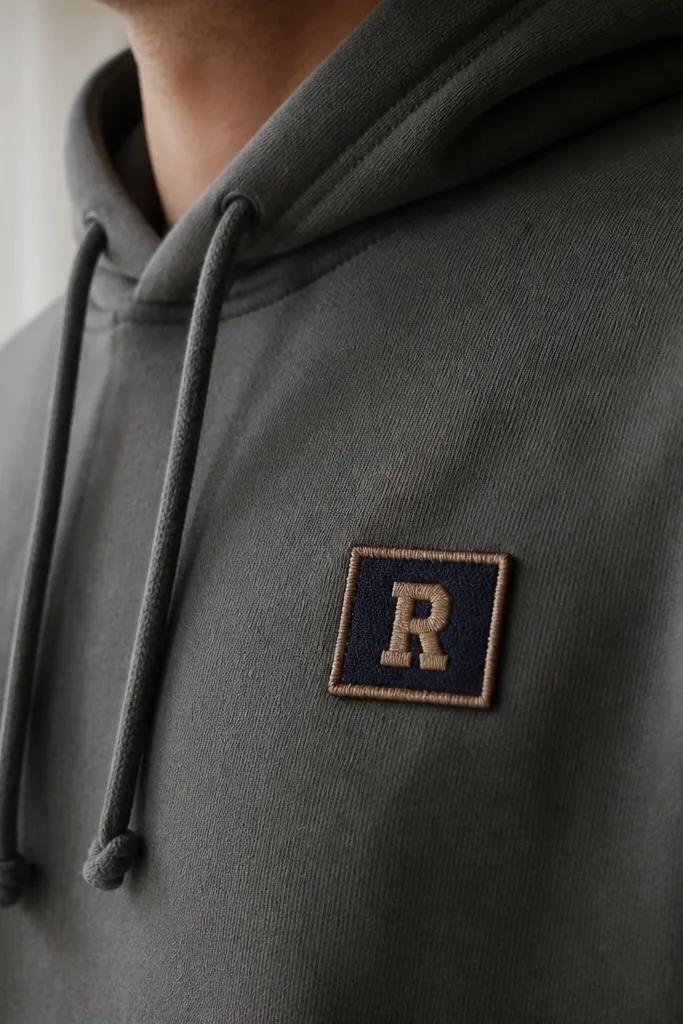 A hoodie fabric with a small rectangular patch stitched onto the chest area. The patch has a two-tone design: one color block background and contrasting thread forming block letters. The stitching is even and slightly raised, and the fabric looks soft and intact around the patch.