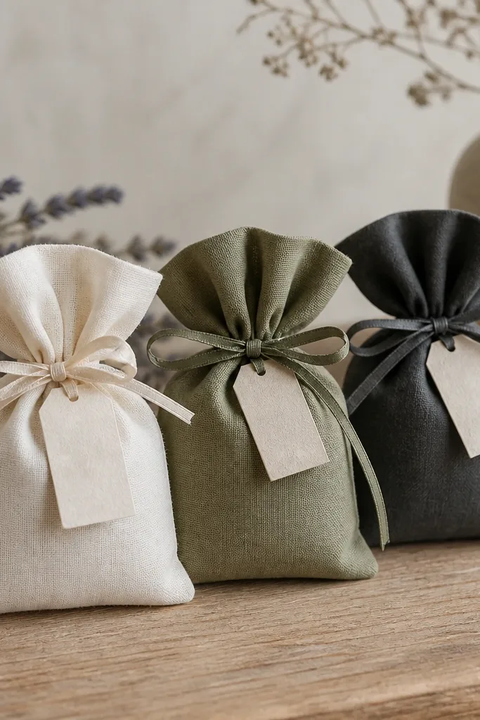 Three small fabric sachets in different colors (cream, olive, and charcoal). Each sachet is tied with thin ribbon and has a small label tag. The fabric looks like cotton or linen, and the sachets are slightly puffed, sitting on a wooden surface.