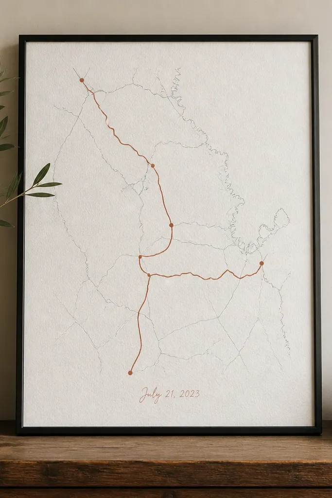 A framed piece of art showing a simplified map. Most lines are light gray, while one route is highlighted in a warm red or copper line. There are small dots marking locations and a handwritten-style date near the bottom. The frame is thin black or dark wood, and the paper looks textured.