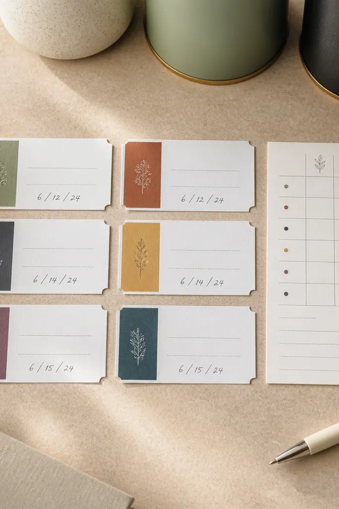 A set of small printed labels on a table. There are labels for several bottles or tea tins, each with a handwritten-style flavor note and a date. There's also a small card with a grid for scoring (like aroma, taste, aftertaste) with space for notes. The labels are aligned neatly and look like they came from a packaging designer.