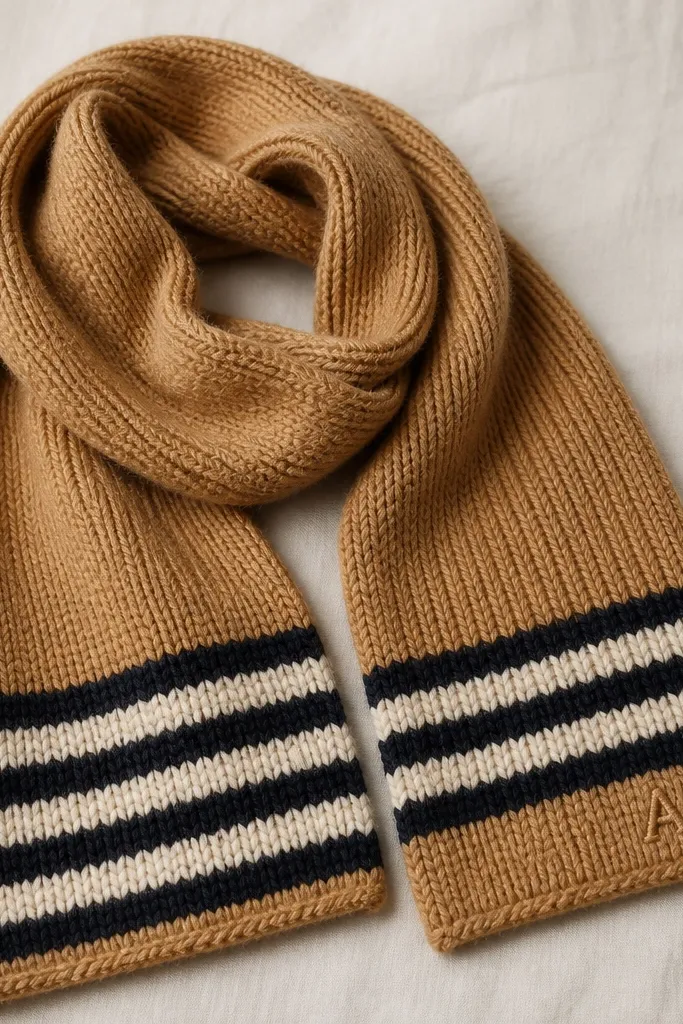 A scarf laid flat with visible knit texture. The scarf has a main color panel and a striped end section in two contrasting colors. At one end, there are small stitched initials in a slightly raised thread. The yarn looks soft and chunky, and the scarf drapes naturally.