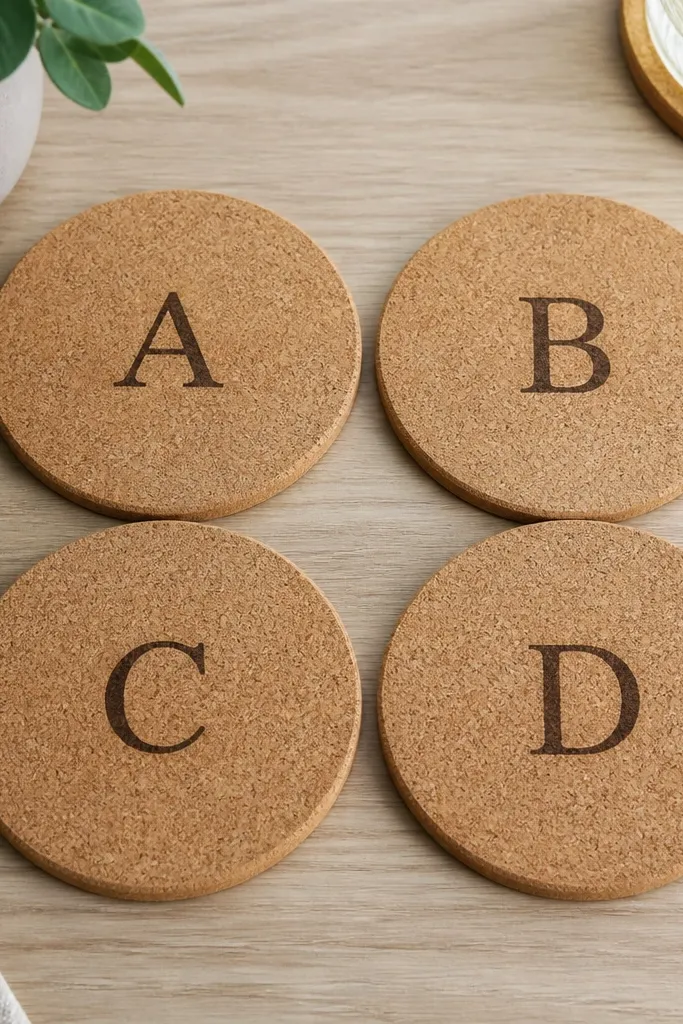 Four cork coasters on a table. Each coaster has a stamped initial in the center, with a clean matte finish. The edges are sealed and smooth, not fuzzy. The cork shows a natural grain pattern, and the coasters are arranged in a neat square layout.