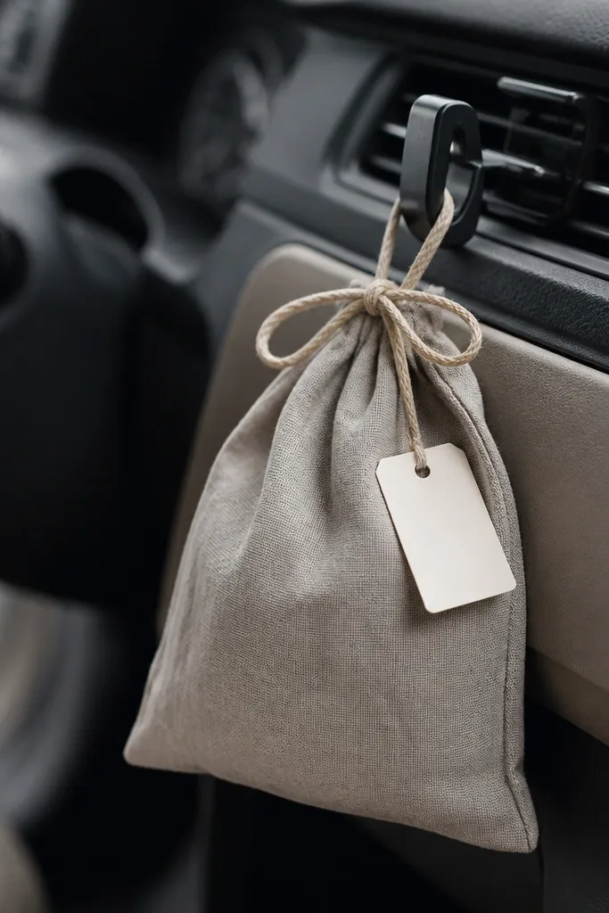 A small fabric pouch tied with a thin cord, hanging from a dashboard clip. The pouch is in a muted color, and a small tag sits near the knot with a simple printed label. The fabric looks like cotton or linen and has a slightly wrinkled, natural texture.
