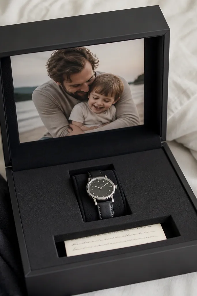 A store-bought watch box open on a bed. Inside, a printed photo insert sits neatly under a foam insert. The photo has a clean crop and matte finish. The watch area remains tidy, and there's a small handwritten note tucked under the insert.