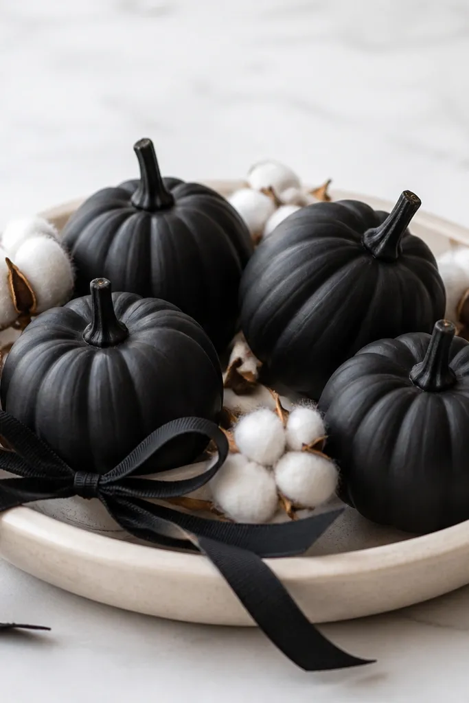 A shallow cream ceramic tray holding 5 mini pumpkins painted matte black, with one pumpkin slightly tilted. Around them are a few off-white cotton stems and a thin black ribbon tied into a loose bow.