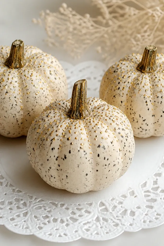 Three mini pumpkins on a white paper doily. Each pumpkin has a creamy base with irregular speckles, and tiny gold dot accents clustered near the top half. The stems are left natural and slightly shiny.