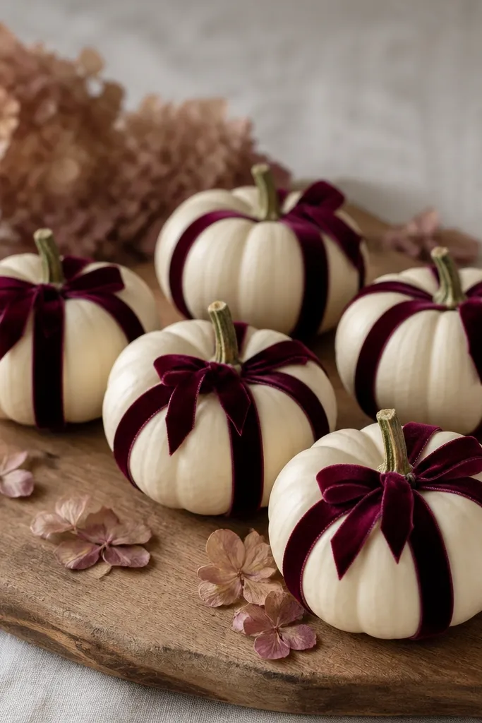 Five mini pumpkins wrapped with dark burgundy velvet ribbon. Each has a small bow on one side, and the pumpkins sit on a wooden board with a few dried hydrangea petals scattered around.