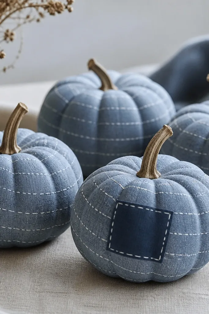 A set of mini pumpkins painted a faded blue-gray like denim. Light white "stitch" lines run around the pumpkin in a spiral, and one pumpkin has a small patch-like rectangle painted in darker blue.