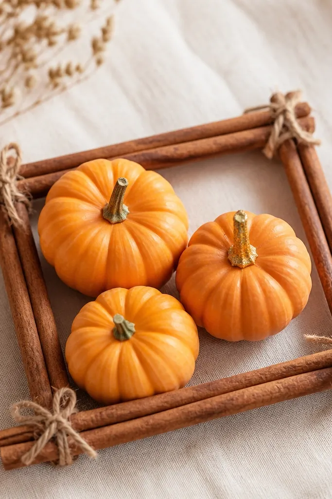 Three mini pumpkins positioned inside a small square frame made from cinnamon sticks tied with twine. The pumpkins are left mostly natural, with one having a light dusting of gold on the stem.