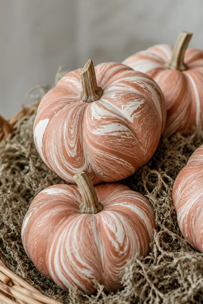 Mini pumpkins with a muted terracotta base and marbled white swirls that look like clay. The swirls are thin and layered, and the pumpkins sit in a small basket with dried moss.