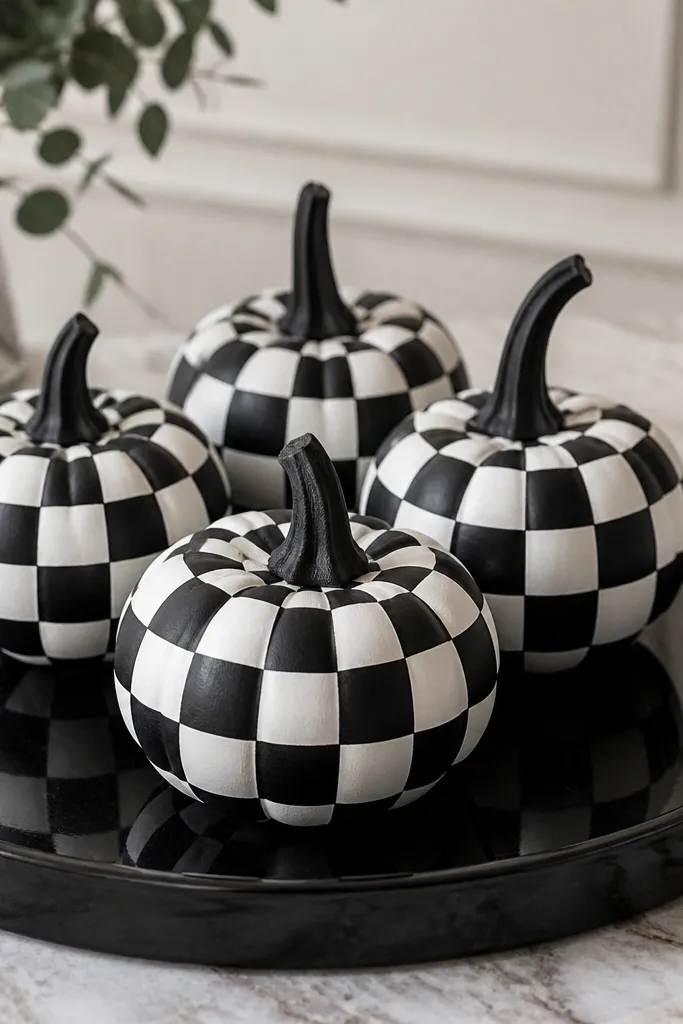 Five mini pumpkins painted in crisp black-and-white check squares. The checks follow the pumpkin curve, and the stems are painted matte black to match. They sit on a glossy black tray.