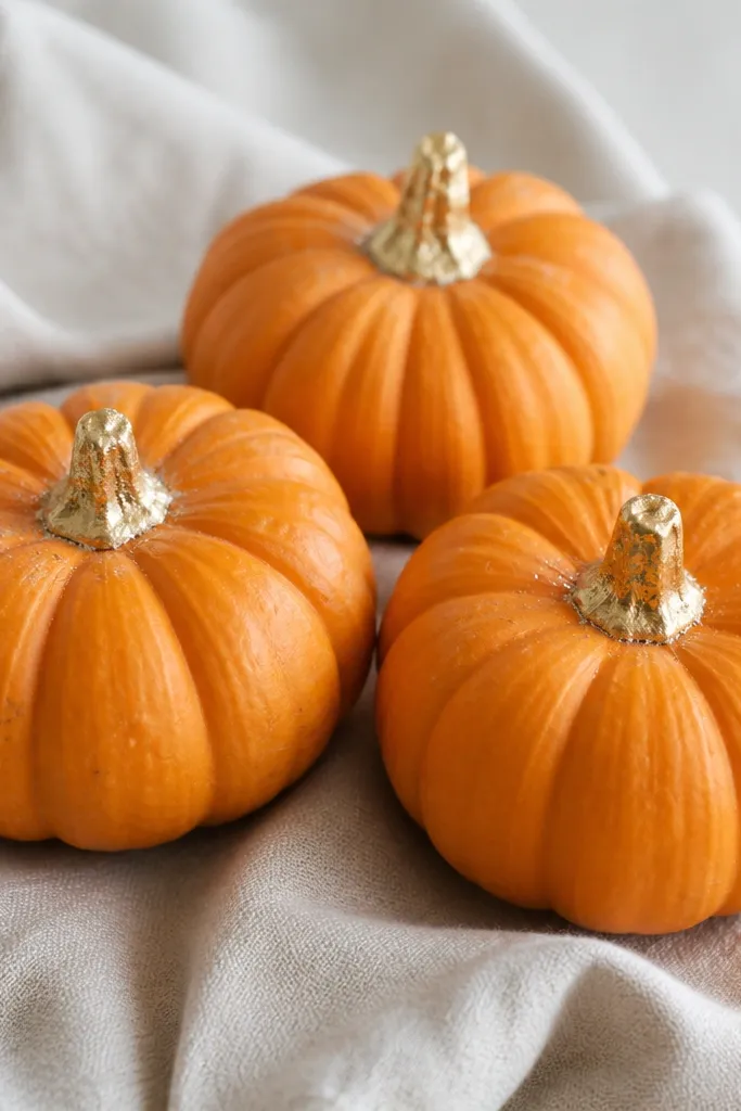 Three mini pumpkins with natural orange skin. Only the stem tops are covered in gold leaf, and there are tiny clear glue sparkles around the stem area. They sit on a neutral linen napkin.