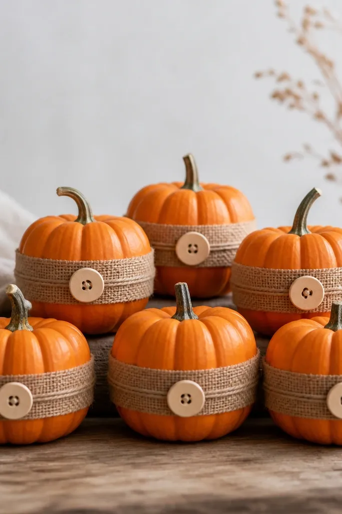Six mini pumpkins wrapped with a narrow burlap band around the middle. A piece of twine wraps the band, and each pumpkin has a small round wooden button glued at the front.