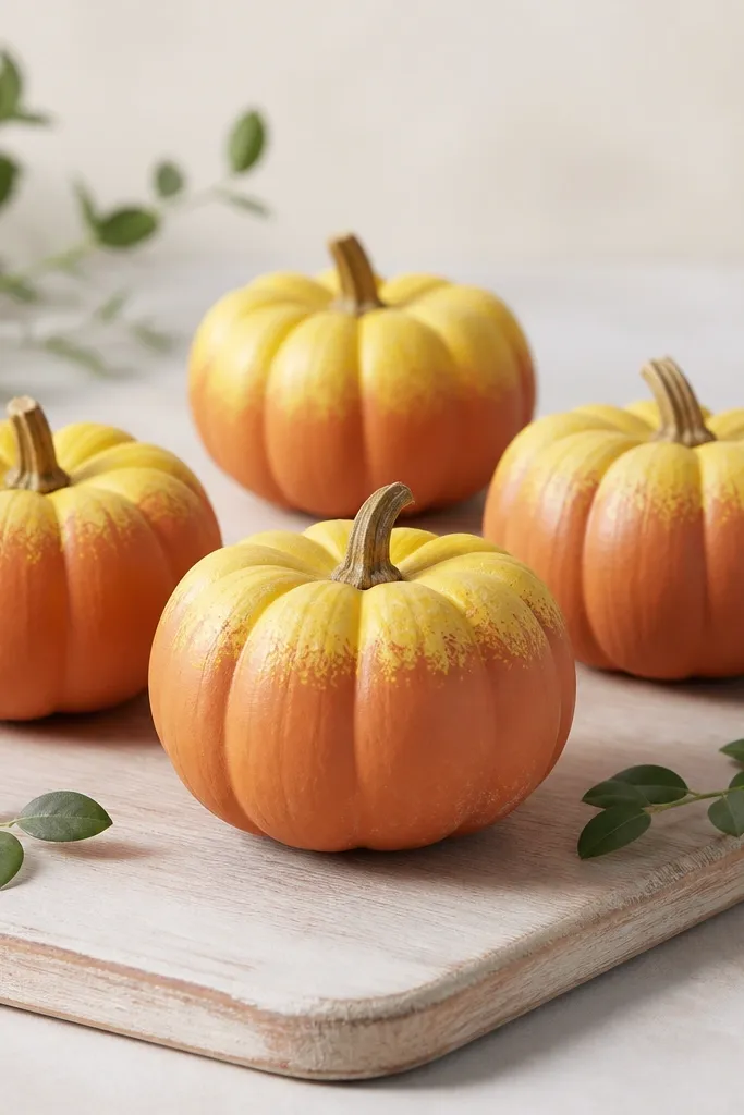 Mini pumpkins painted terracotta, with the top half fading into lemon yellow tips. The stems stay natural, and the pumpkins sit on a pale wood board with a few small green leaves.