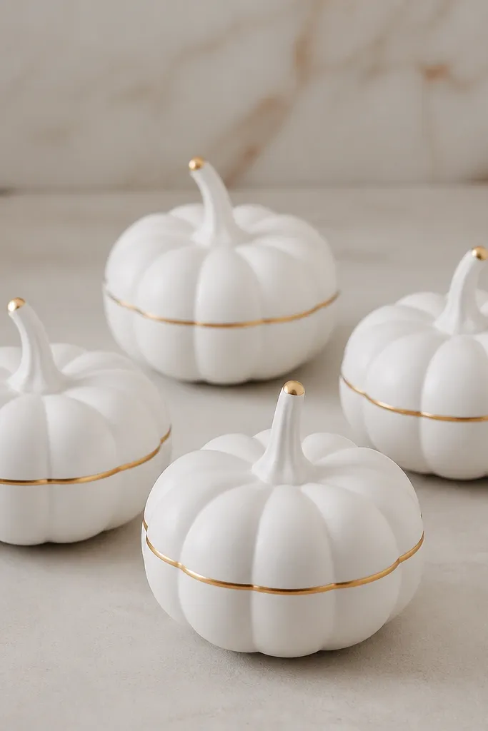 Four mini pumpkins painted matte white like porcelain. Each has a thin gold line around the widest curve, and the stems are painted white with a tiny gold dot at the tip.