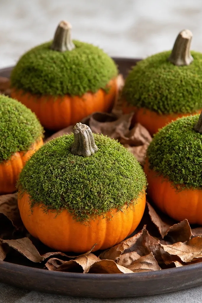 Mini pumpkins with natural orange sides and a lush green moss cap covering the top third. The stems peek through, and the pumpkins sit in a shallow tray lined with dried leaves.