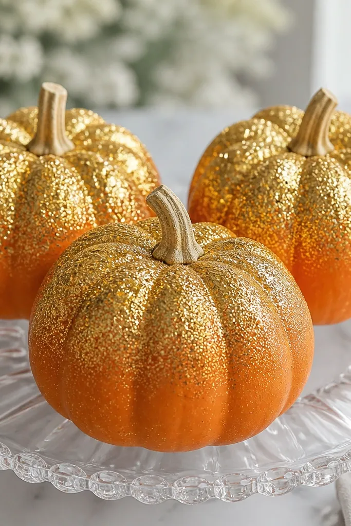 Three mini pumpkins with natural orange at the bottom and glitter fading upward into a denser gold sparkle near the top. They sit on a clear glass plate, and the glitter catches light.