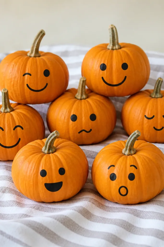 A group of 7 mini pumpkins on a striped cloth. Each has a different simple face drawn with black paint pen: one winks, one smiles, one has a tiny crooked mouth. Stems are natural and clean.