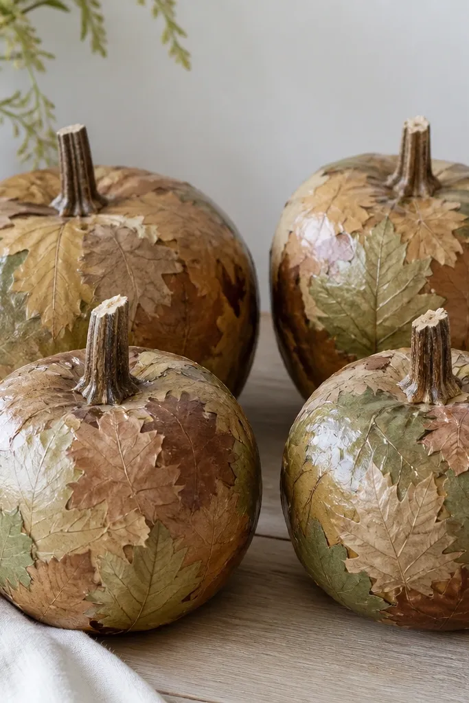 Four mini pumpkins covered in overlapping paper leaf cutouts in muted browns and greens. The surface has a slight sheen where Mod Podge is applied, and the stems are left natural.