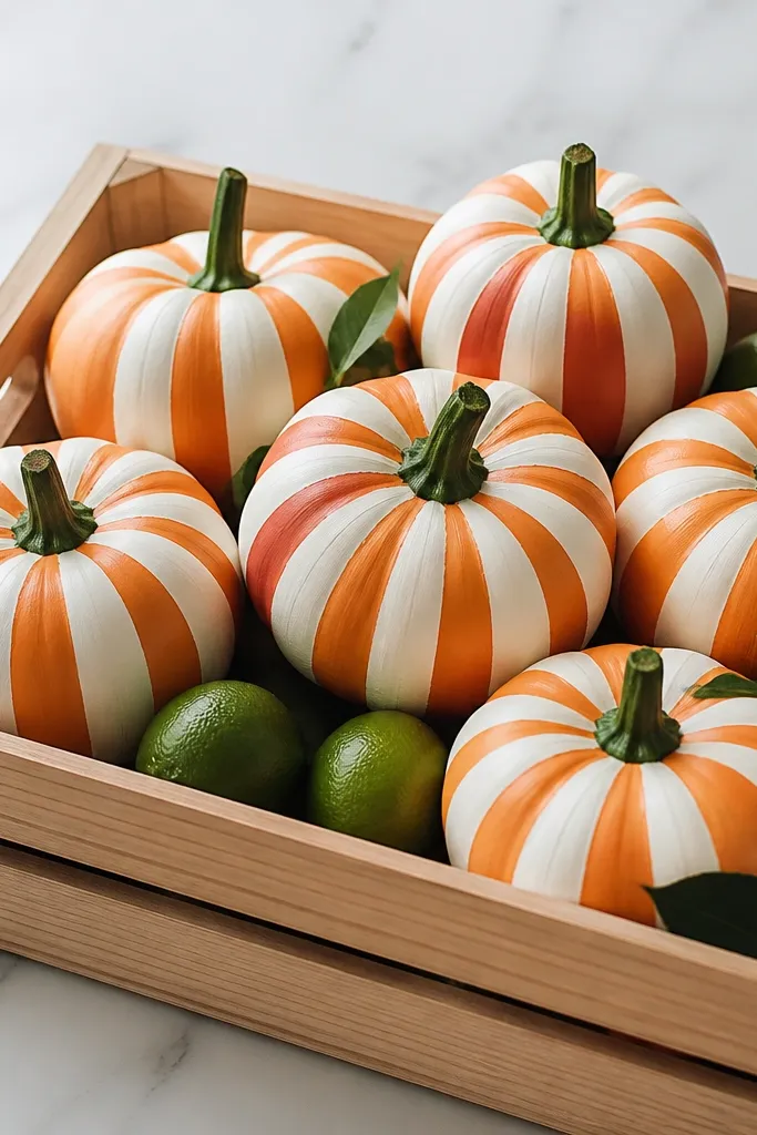 Six mini pumpkins with bold white stripes painted over orange. The stripes wrap around the pumpkin evenly, and the stems are painted green. They sit in a small crate with a few limes or faux citrus.