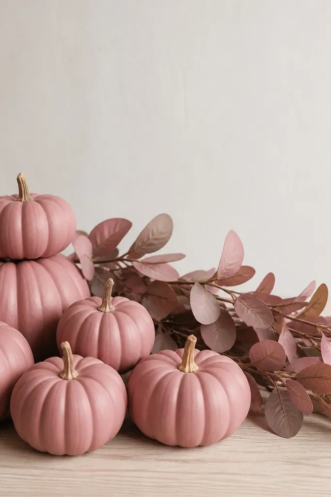A cluster of mini pumpkins painted dusty rose, arranged beside a short faux garland made of matching rose-toned leaves. The background is a light wall, and the pumpkins have matte finish.