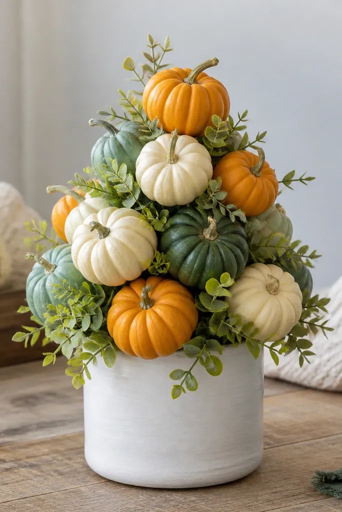A glass jar cut down and painted white holds a cluster of mini pumpkins stacked like a small tree. Each pumpkin is held in place with floral foam and surrounded by tiny faux leaves.