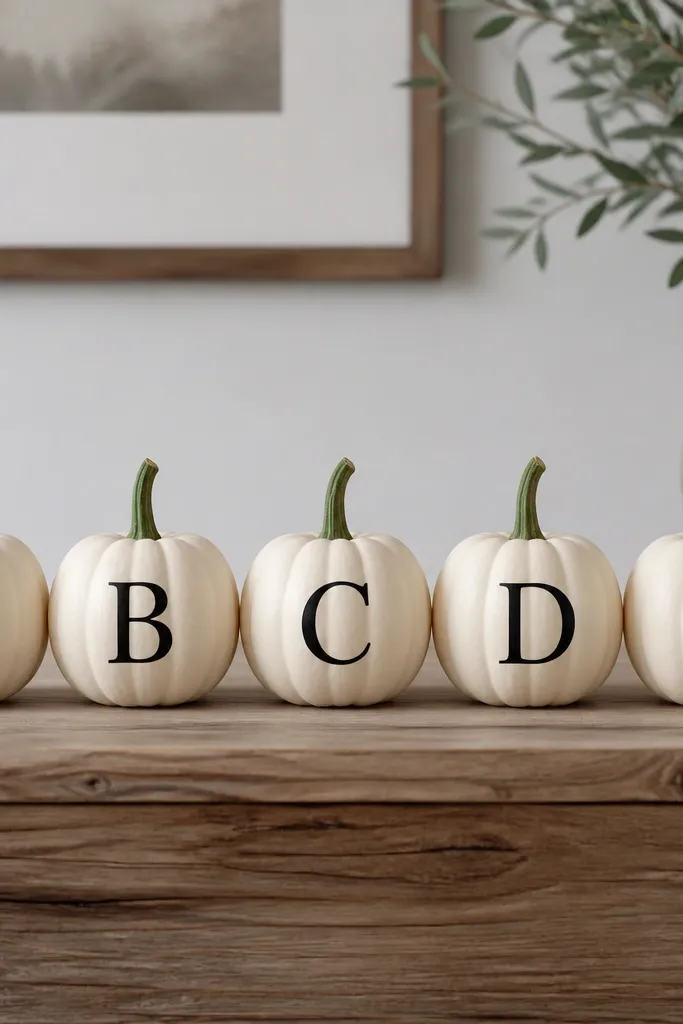 Five mini pumpkins painted cream with vinyl letter decals in black. Each initial is centered on the pumpkin front, and the stems are painted a soft green. They sit in a line on a wooden table.