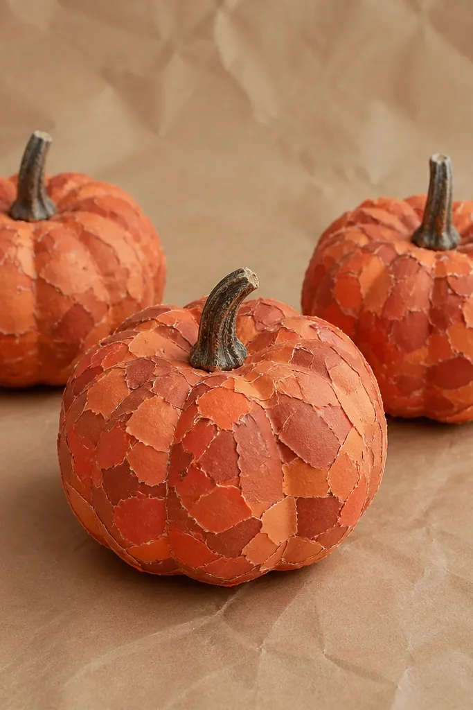 Three mini pumpkins covered in hand-torn confetti pieces in one color family: rust, terracotta, and soft orange. The surface has a matte finish with visible paper edges, and the pumpkins sit on kraft paper.