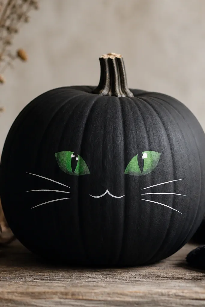 A matte black pumpkin painted with two almond-shaped cat eyes in deep green, with tiny white catchlights at the top corners. The mouth is a small curved line and the whiskers are thin white strokes, all centered on the pumpkin's face.
