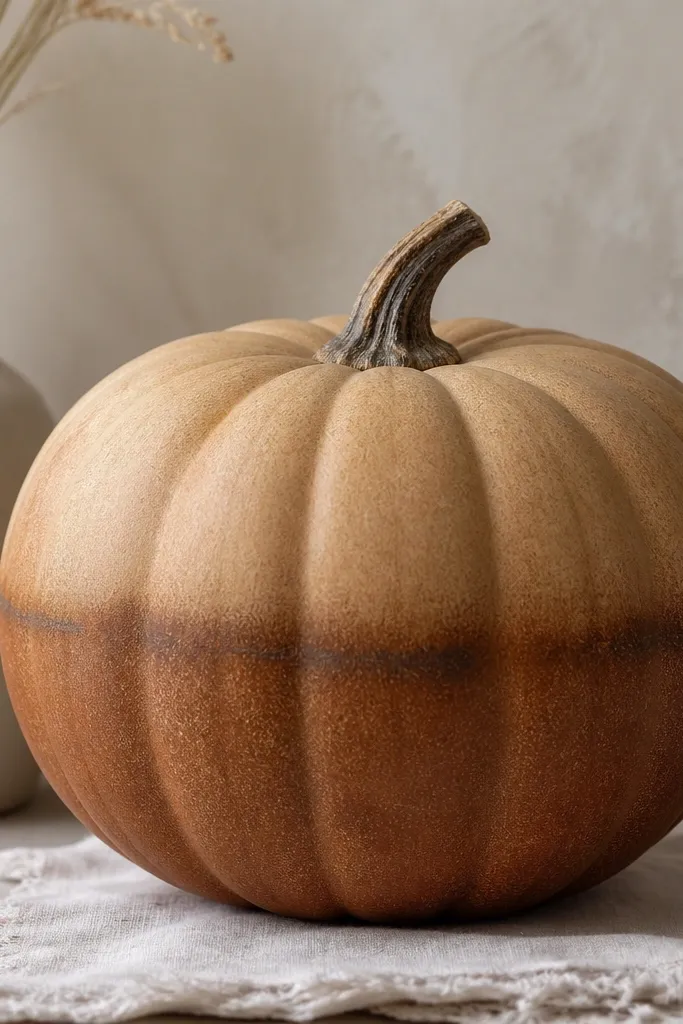 A tan pumpkin with an ombré fade from warm caramel at the top into cinnamon brown at the bottom. A thin darker band sits around the middle, and the gradient transitions are smooth with no visible brush lines.