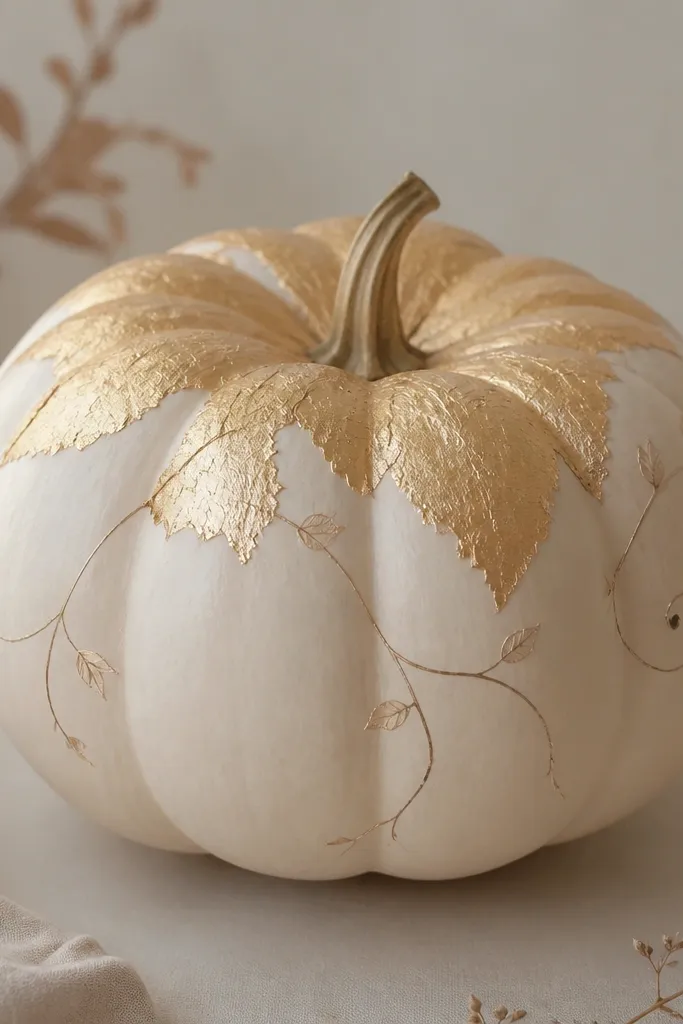 A pale pumpkin painted cream with a gold leaf effect around the stem area. The gold looks like torn foil with irregular edges, and faint vine lines curve outward in thin lines of muted brown.