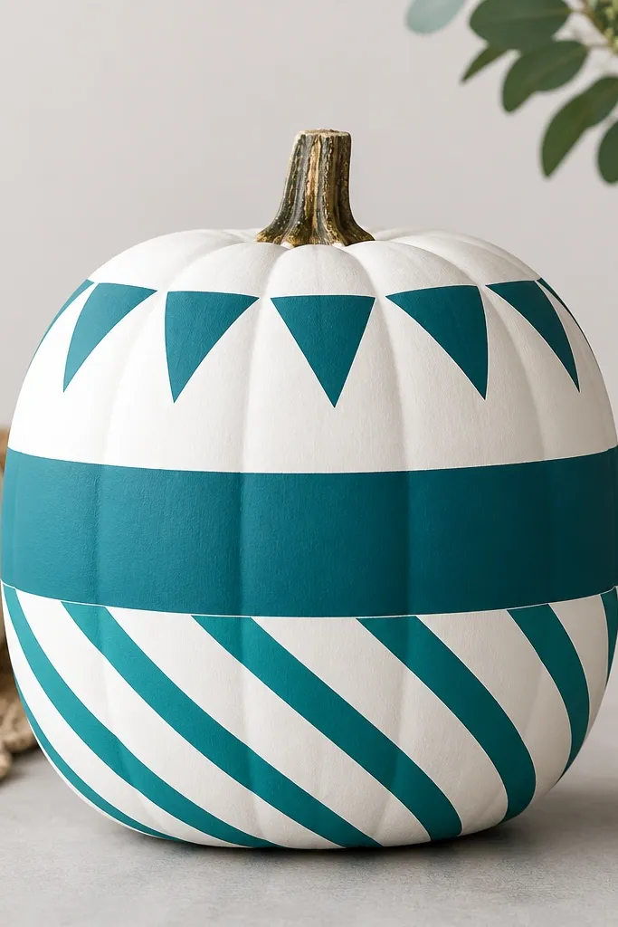 A teal and white pumpkin with sharp geometric sections: diagonal stripes, small triangles near the top, and a thick teal band across the middle. The lines are clean and straight, and the tape edges look perfectly crisp.