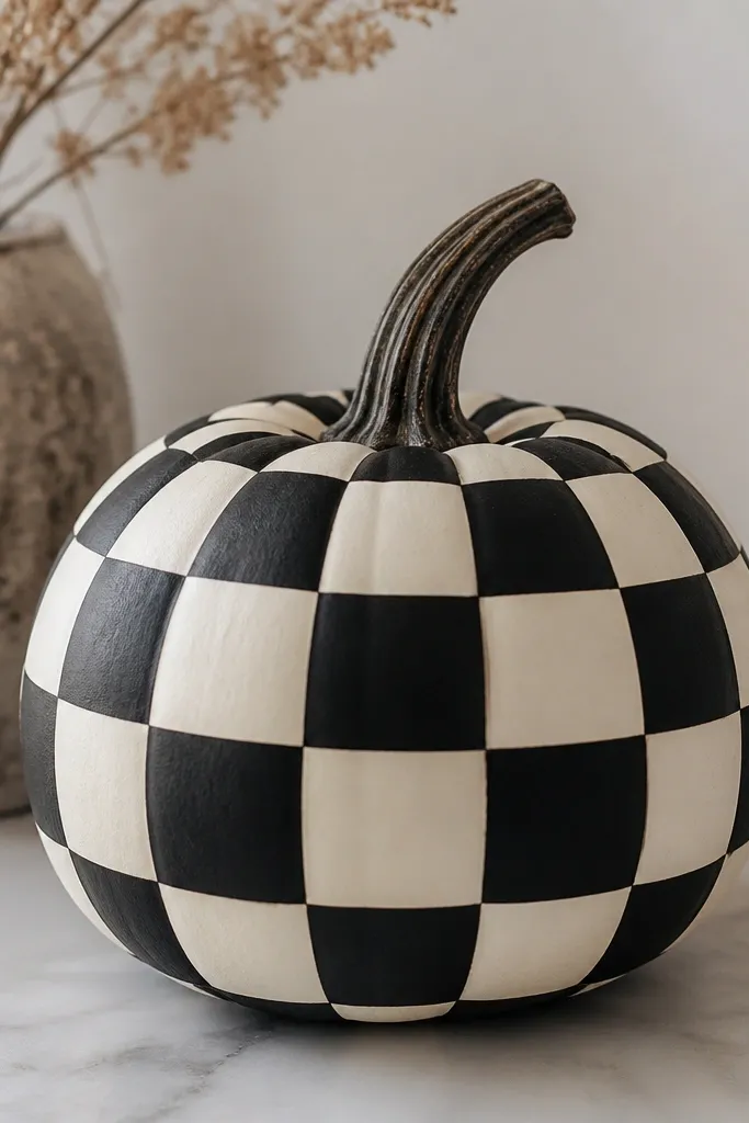 A pumpkin painted in alternating black and off-white squares, with rounded corners that follow the pumpkin's curve. The checker pattern wraps around smoothly with each square looking evenly sized.