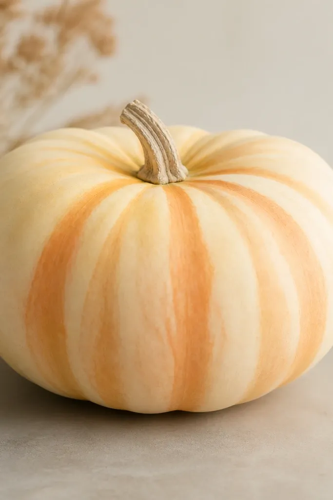 A cream pumpkin with soft watercolor-like rays radiating from the center. The rays blend from peach to orange to muted gold, and the edges are fuzzy rather than sharply outlined.