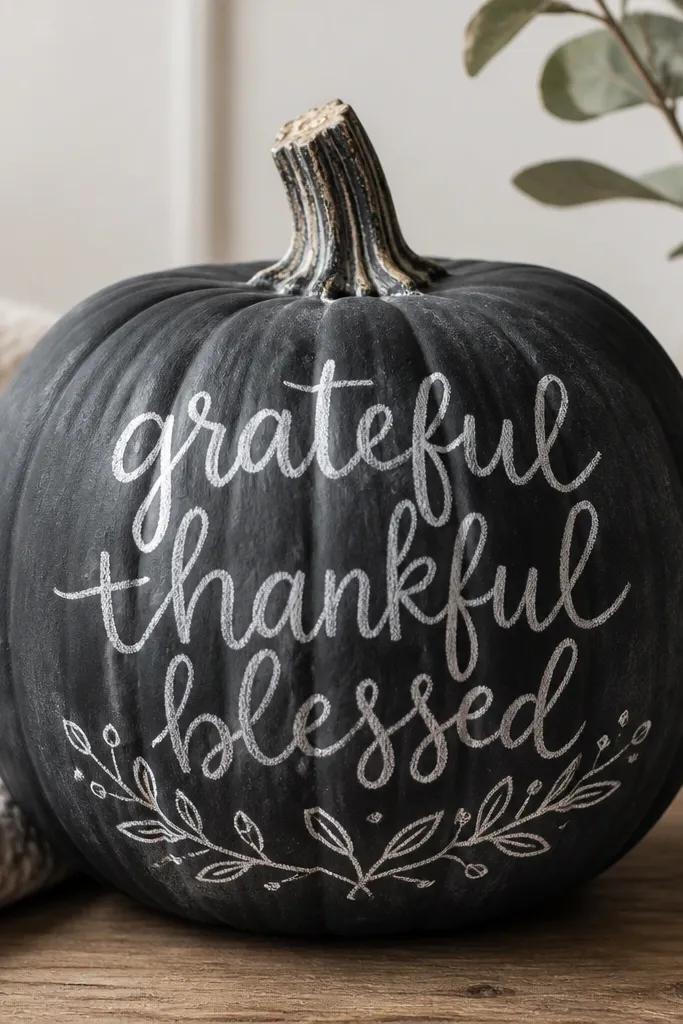 A dark charcoal pumpkin painted like a chalkboard, with hand-lettered words in white chalk-style paint. Small doodles of leaves sit under the lettering, and there's a subtle chalk texture.