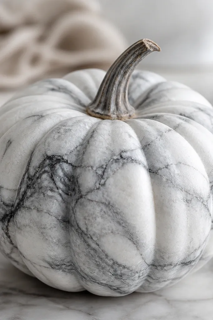 A white pumpkin with gray marble veining. The veins look organic and layered, with a few darker strokes and soft swirls that move across the pumpkin's surface.