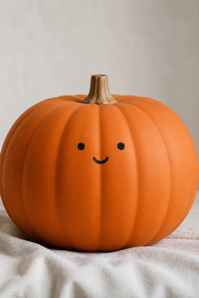 A terracotta-orange pumpkin with a minimal face: two simple black dot eyes and a small curved black smile. The face sits slightly above center, and the rest of the pumpkin is solid orange matte.