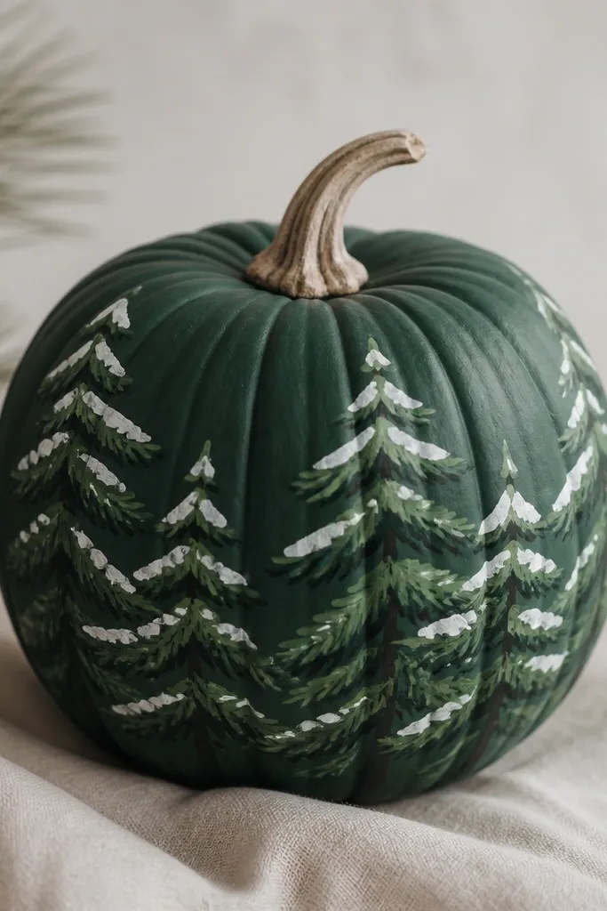 A green pumpkin painted in deep pine with small white snow caps on top of painted pine branches. The branches look layered, with darker green trunks and lighter green needles, and the snow sits on the top edges.