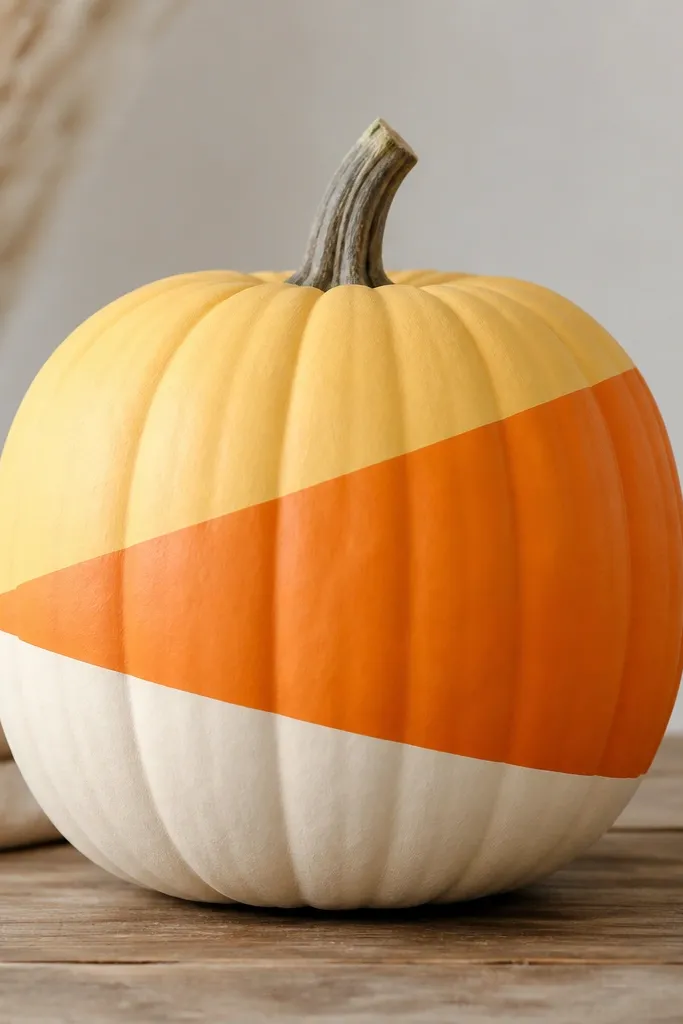 A pumpkin painted in three stacked bands: pale yellow at the top, orange in the middle, and cream at the bottom, with crisp diagonal lines between colors. The diagonals are straight and symmetrical.