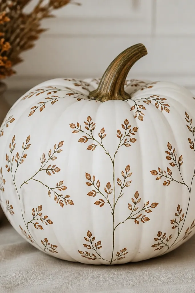 A white pumpkin covered with thin olive-green stems and clay-brown leaves. The lines are delicate and consistent, with small leaf clusters around the sides and a few sprigs near the stem.