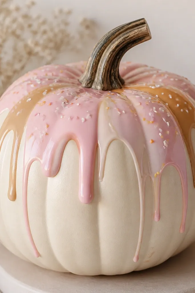 A cream pumpkin with glossy "donut glaze" drips in pale pink and caramel. There are three thicker drip drops near the top and thinner drips down the sides, with tiny sprinkles painted across the glaze.