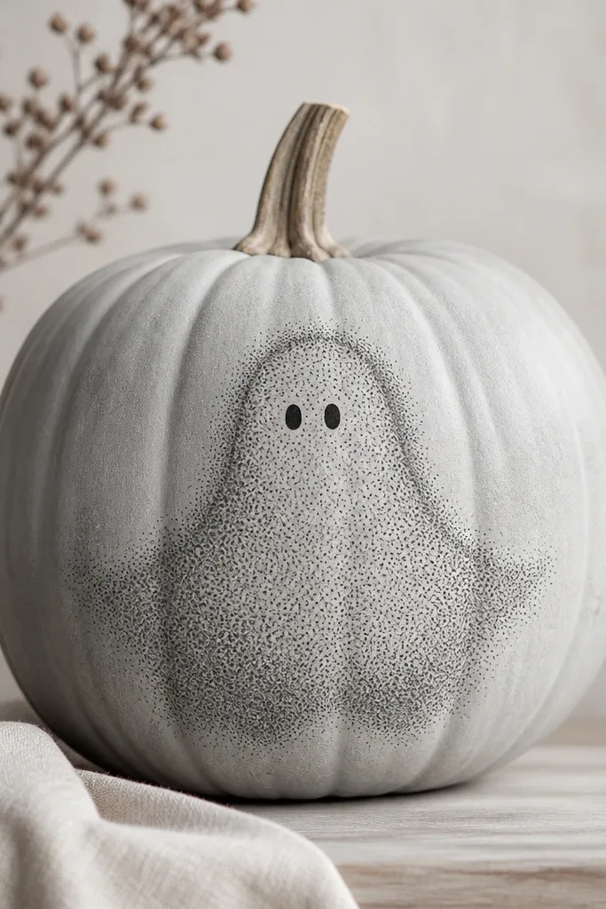 A light gray pumpkin with a ghost silhouette made from stippled dark gray dots. The ghost fades into the background with lighter dot density near the edges, and tiny black eyes are centered.