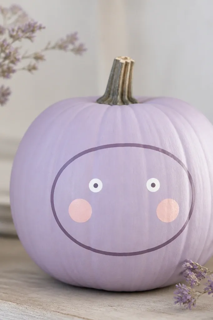 A lavender-toned pumpkin with a thin darker purple oval frame around a simple face. The eyes are small white dots with tiny purple pupils, and the cheeks are soft pink circles.
