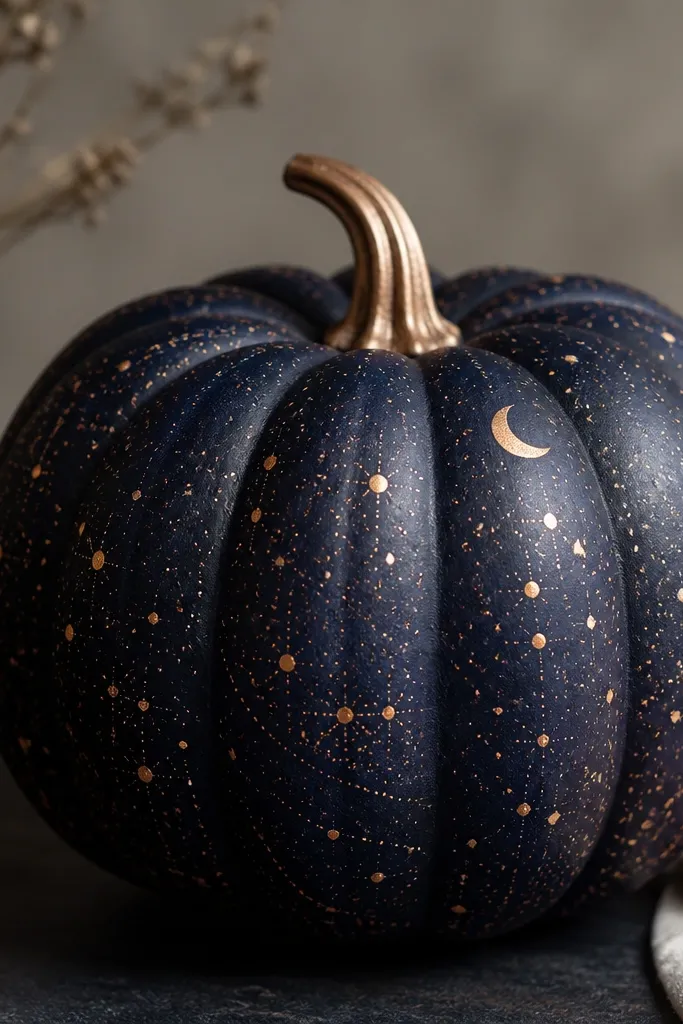 A deep navy pumpkin covered in copper and bronze speckled dots. There are a few larger "star" dots, faint swirling lines, and a small crescent highlight near the top.
