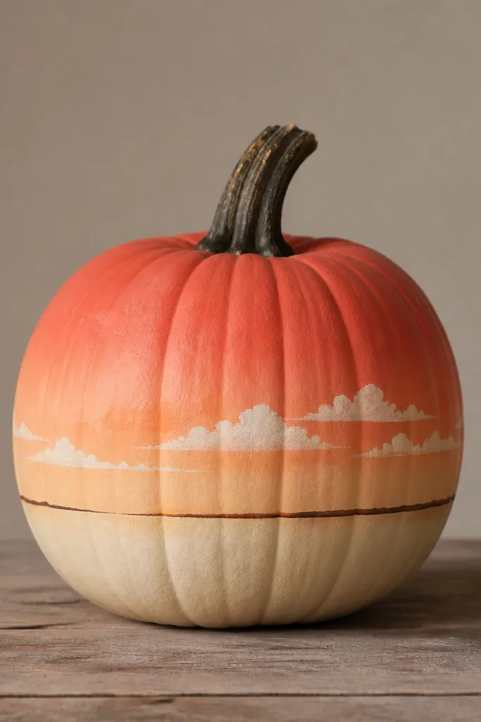 A pumpkin with a sunset gradient: coral orange at the top fading into peach, then warm cream near the bottom. Small white cloud puffs sit across the middle, and a thin dark horizon line cuts through.