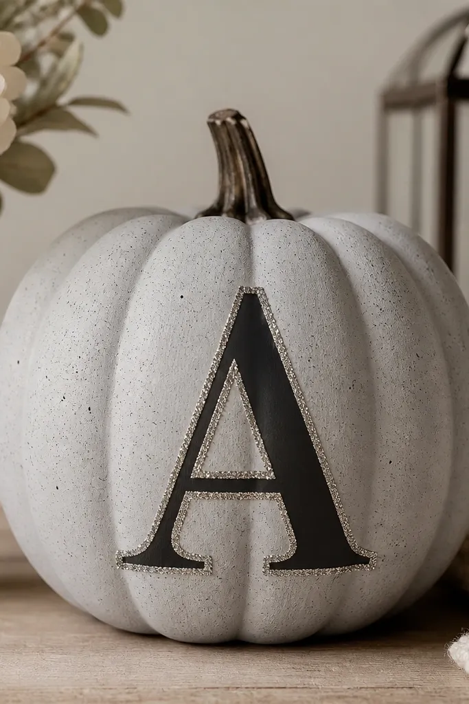 A light gray pumpkin with a large matte black monogram letter in the center. Around the letter is a thin glitter outline in silver, and the pumpkin has a subtle speckled texture.