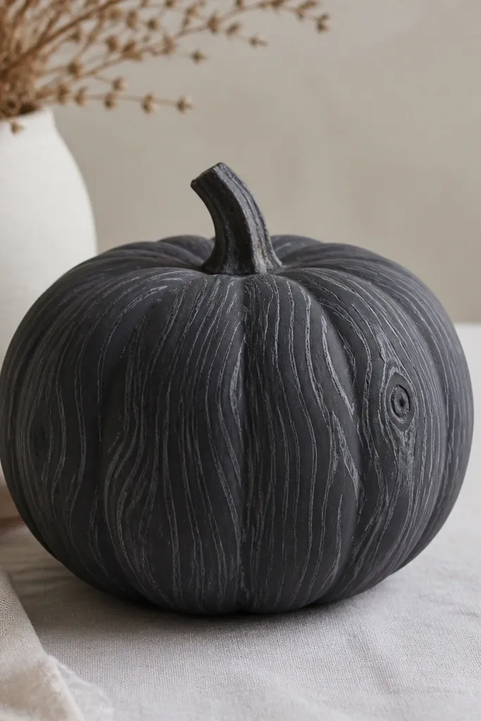A charcoal pumpkin painted with faux woodgrain. The lines are thin and wavy in lighter gray, curving vertically and wrapping slightly around the pumpkin, with a few darker knots near the side.